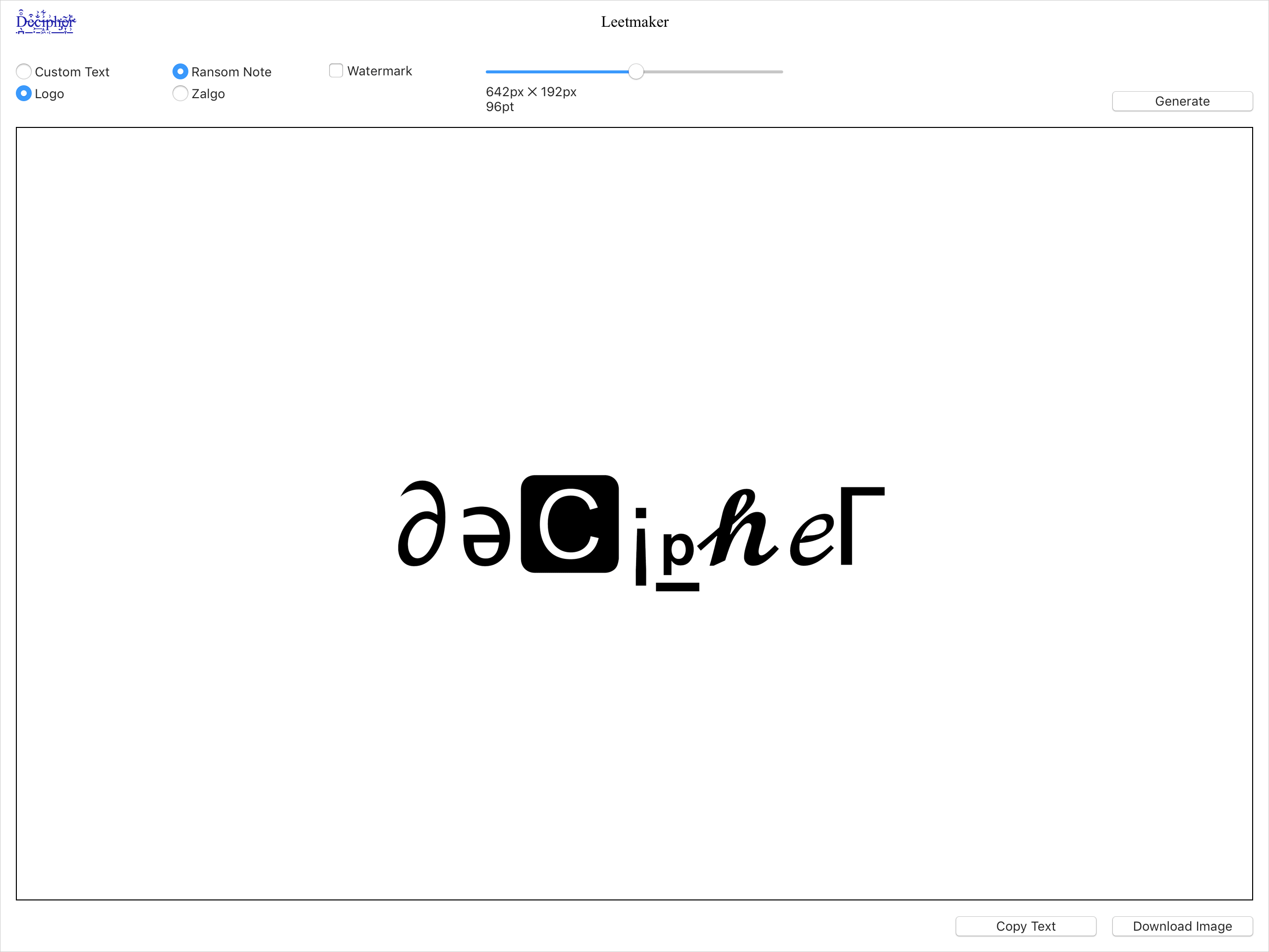 Decipher logo and type style generator